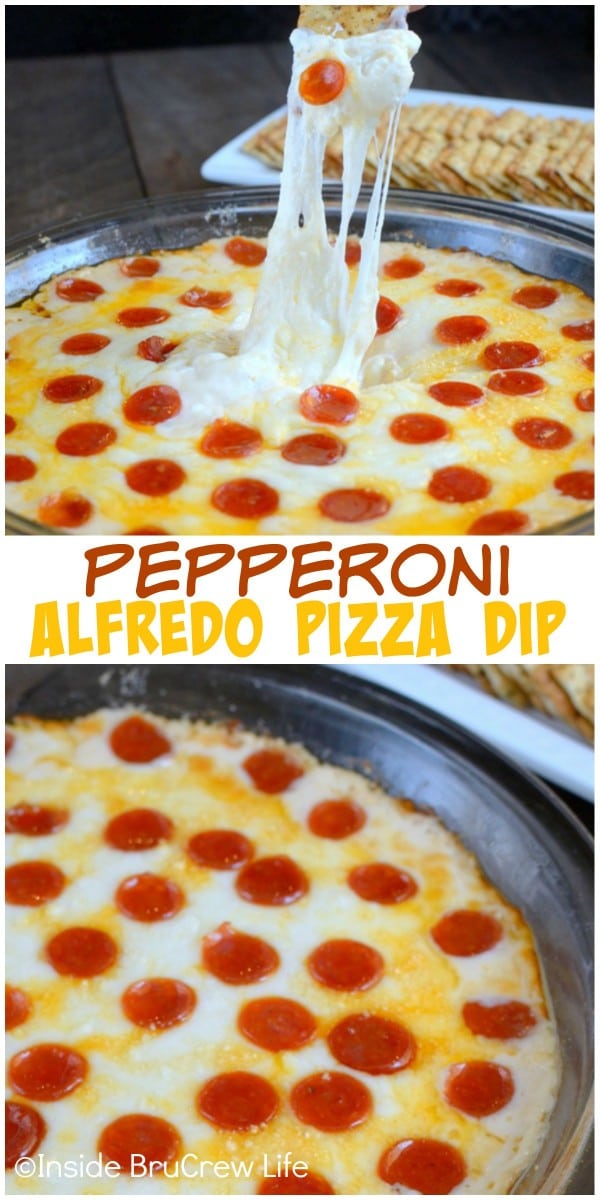 Melted cheese and pepperoni layered with Alfredo sauce makes the most amazing dip! Perfect game day or after school snack!