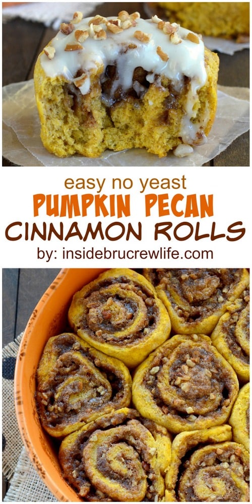 Easy no yeast cinnamon rolls full of pumpkin and pecan goodness and covered in cream cheese frosting! You are going to love these!