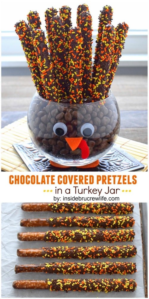 Two pictures of chocolate covered pretzels in a turkey jar collaged together with a white text box.