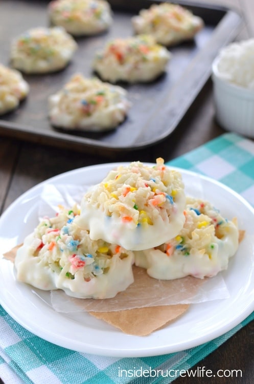 Sprinkles and white chocolate give these coconut macaroons a fun twist