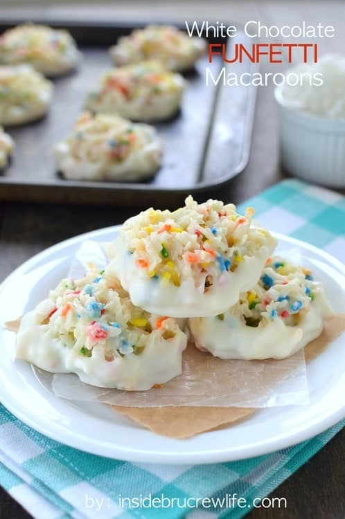 Sprinkles and white chocolate give these coconut macaroons a fun twist