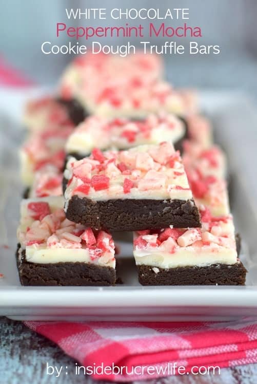 No bake mocha cookie dough with a white chocolate and peppermint topping will be a fun addition to your holiday cookie trays.