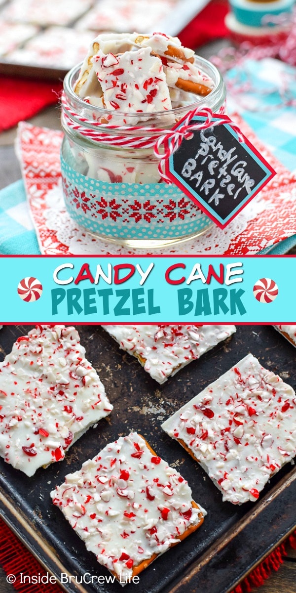 Two pictures of candy cane pretzel bark collaged together with a teal text box