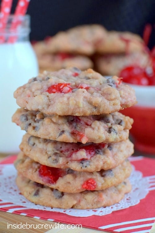 Oatmeal chocolate chip cookies get a fun twist when cherry pieces are added to them. 