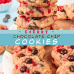 Two pictures of cherry chocolate chip cookies with a blue text box.