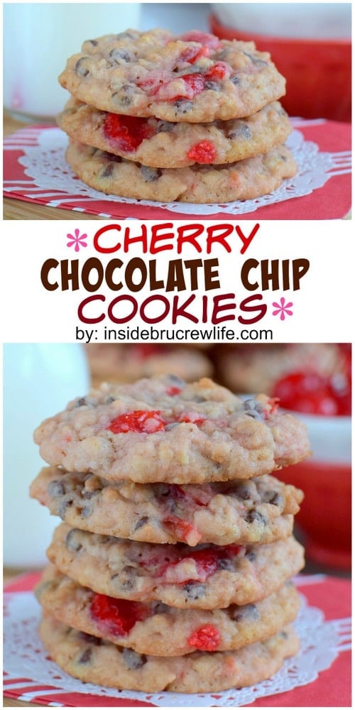 Oatmeal chocolate chip cookies get a fun twist when cherry pieces are added to them. 