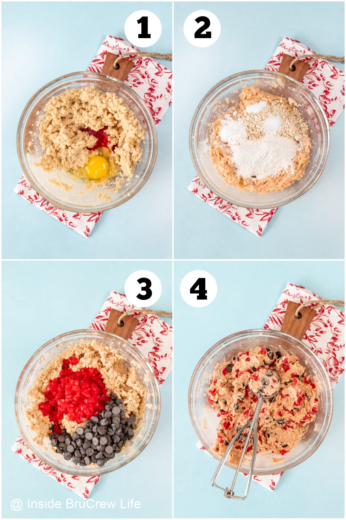 Four pictures collaged together showing how to make chocolate chip cherry cookie dough.