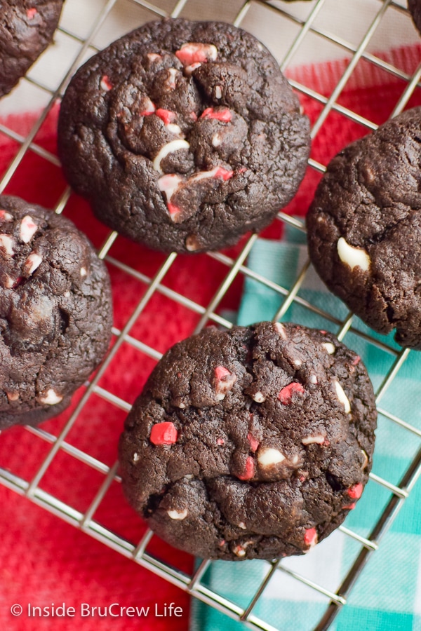 Overhead picture of a wire rack with chocolate peppermint crunch cookies cooling on it.