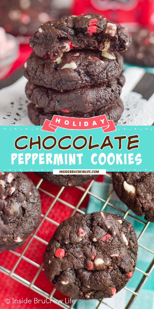 Two pictures of Chocolate Peppermint Cookies collaged together with a teal text box.