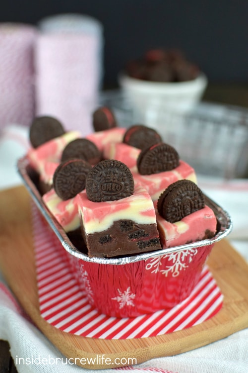 This chocolate and peppermint fudge is swirled with peppermint Oreo cookie chunks and is perfect for those holiday cookie trays.