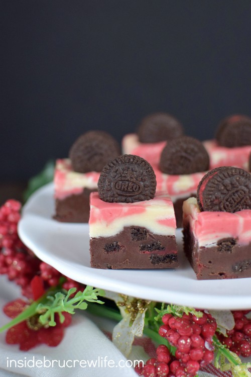 This chocolate and peppermint fudge is swirled with peppermint Oreo cookie chunks and is perfect for those holiday cookie trays.