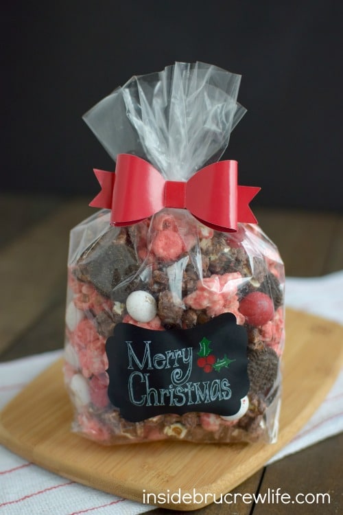  Chocolate and peppermint covered popcorn with marshmallows, Oreos, and M&M candies.  Sweet holiday treat!