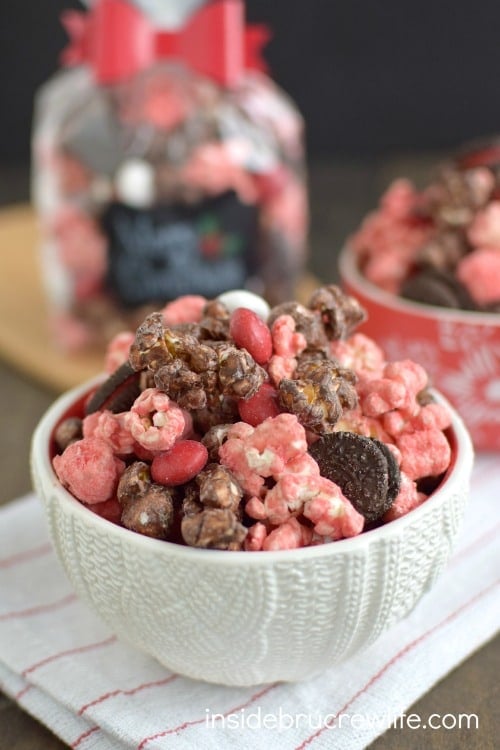  Chocolate and peppermint covered popcorn with marshmallows, Oreos, and M&M candies.  Sweet holiday treat!