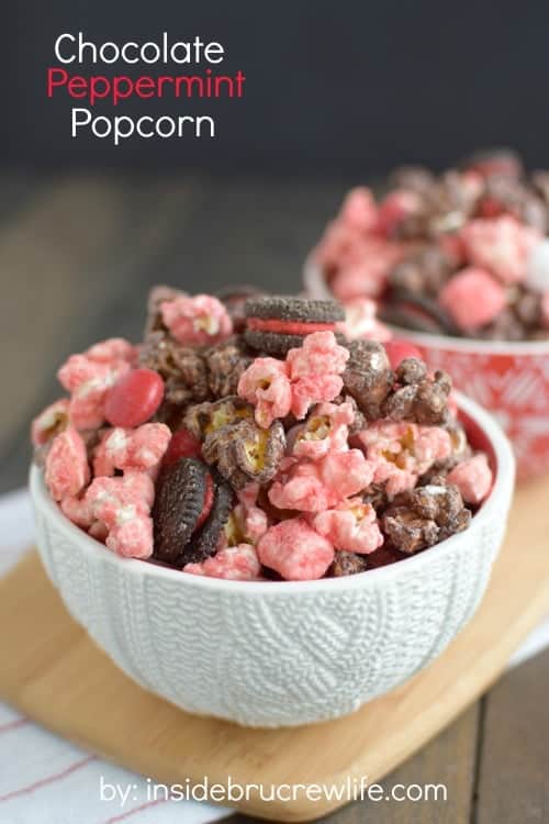  Chocolate and peppermint covered popcorn with marshmallows, Oreos, and M&M candies.  Sweet holiday treat!