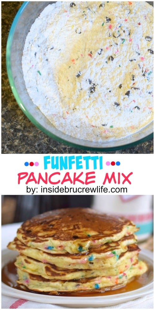 This easy homemade pancake mix is loaded with funfetti sprinkles and chocolate chips. Perfect kid friendly breakfast!