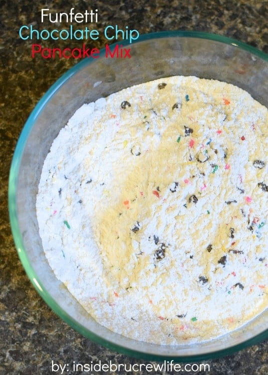 This easy homemade pancake mix is loaded with funfetti sprinkles and chocolate chips. Perfect kid friendly breakfast!