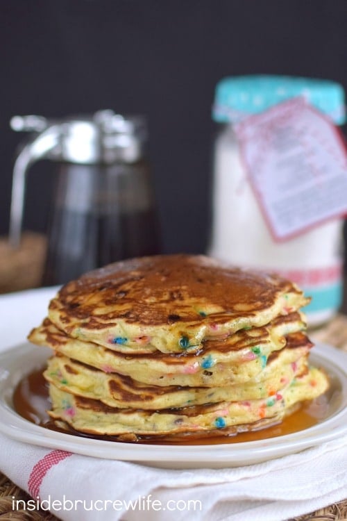 This easy homemade pancake mix is loaded with funfetti sprinkles and chocolate chips. Perfect kid friendly breakfast!