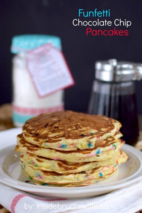 This easy homemade pancake mix is loaded with funfetti sprinkles and chocolate chips. Perfect kid friendly breakfast!