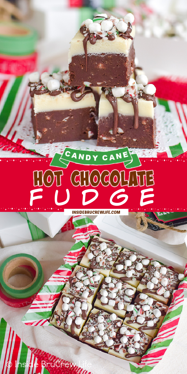 Two pictures of Candy Cane Hot Chocolate Fudge collaged together with a red text box.