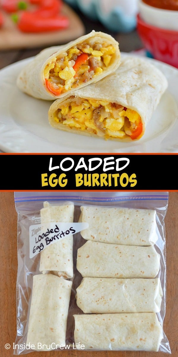 Two pictures of egg burritos collaged together with a black text box.