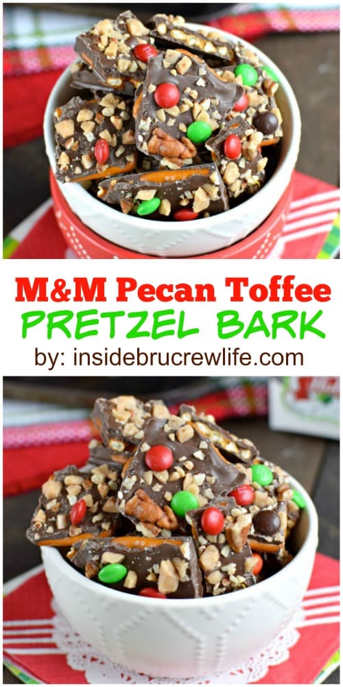 Chocolate covered pretzel bark topped with pecans, toffee, and M&M's is such a fun sweet and salty treat!