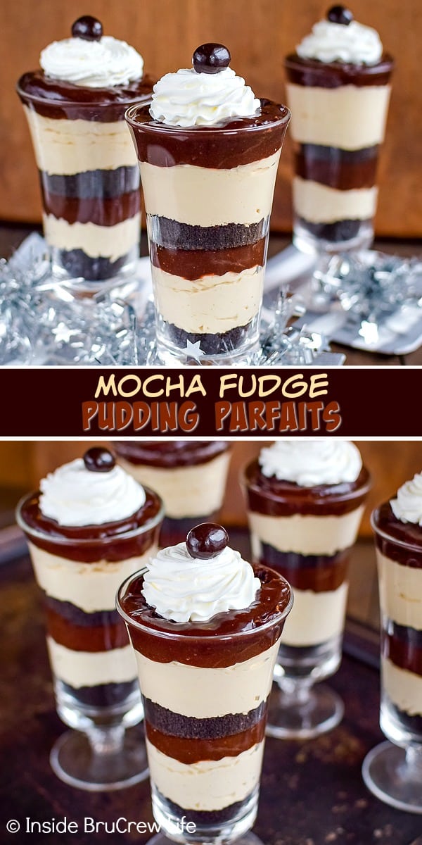 Mocha Fudge Pudding Parfaits - layers of Oreo cookie crumbs, no bake coffee cheesecake, and chocolate pudding makes these pudding parfaits disappear in a hurry. Make this easy recipe for dessert. #pudding #parfaits #chocolate #mocha #easy #recipe