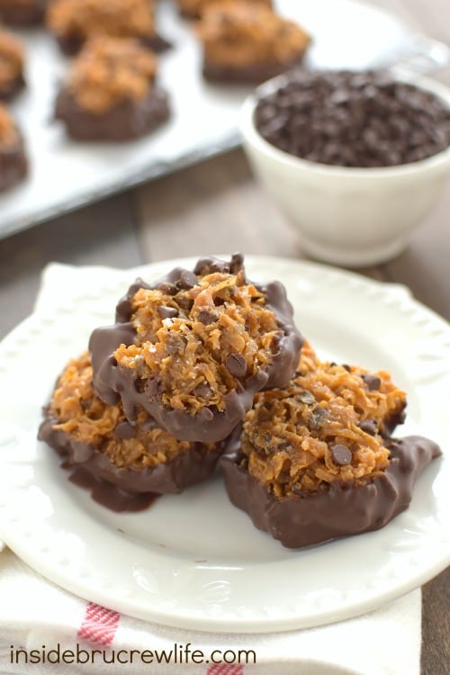 Sea salt, caramel, and chocolate make these coconut macaroons a cookie worth making again and again. Perfect for holiday trays!