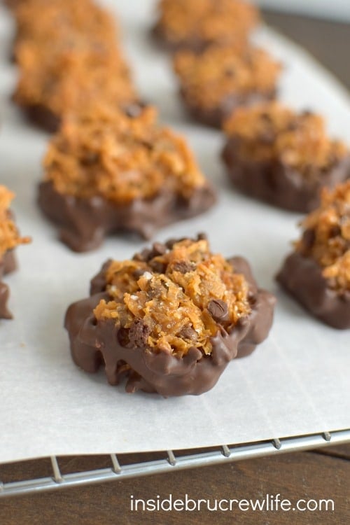 Sea salt, caramel, and chocolate make these coconut macaroons a cookie worth making again and again. Perfect for holiday trays!