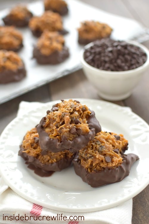 Sea salt, caramel, and chocolate make these coconut macaroons a cookie worth making again and again. Perfect for holiday trays!