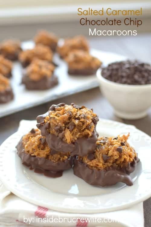 Sea salt, caramel, and chocolate make these coconut macaroons a cookie worth making again and again. Perfect for holiday trays!
