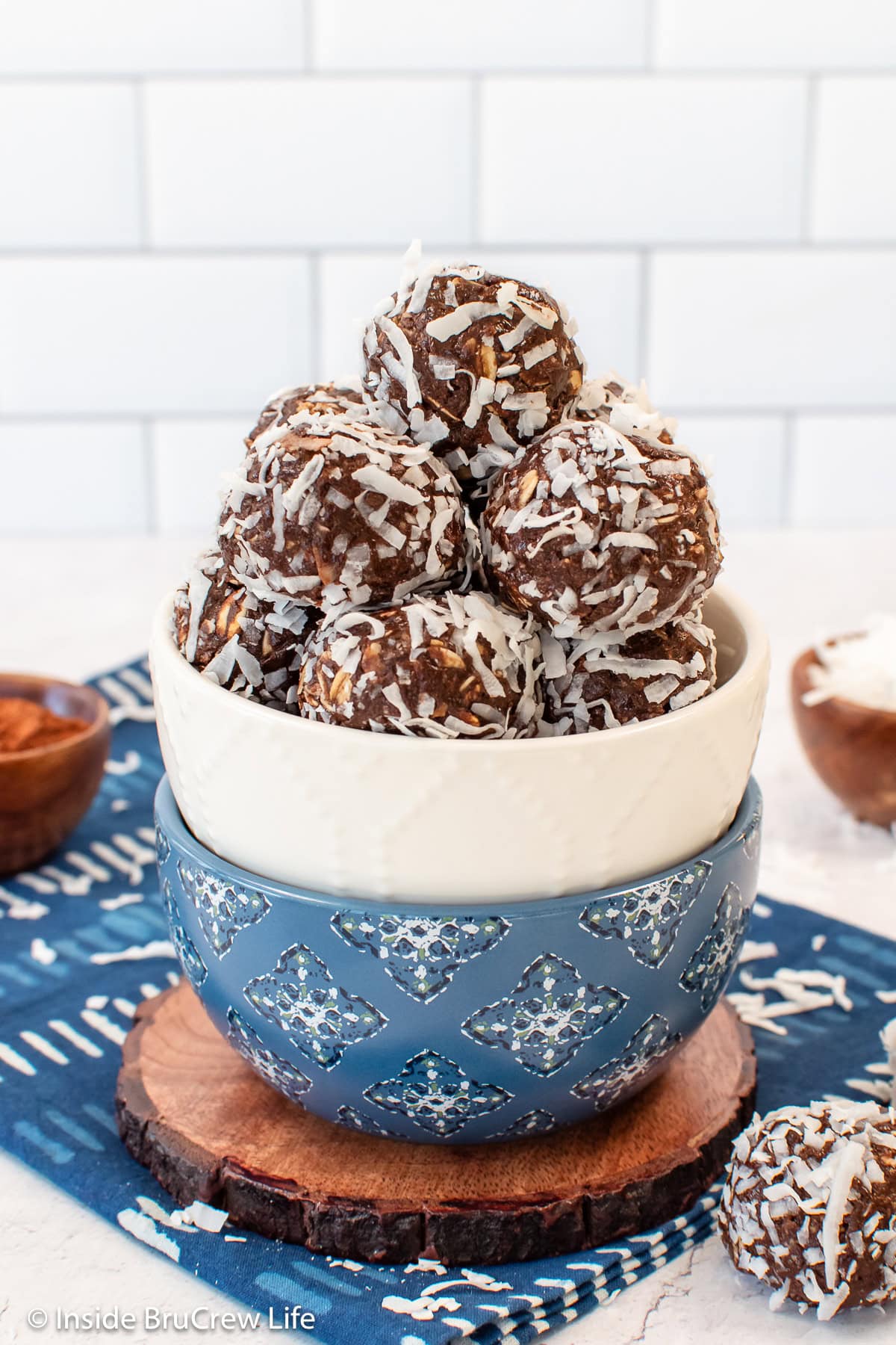 A bowl filled with chocolate coconut granola bites.