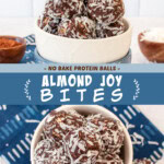 Two pictures of almond joy bites collaged with a blue text box.