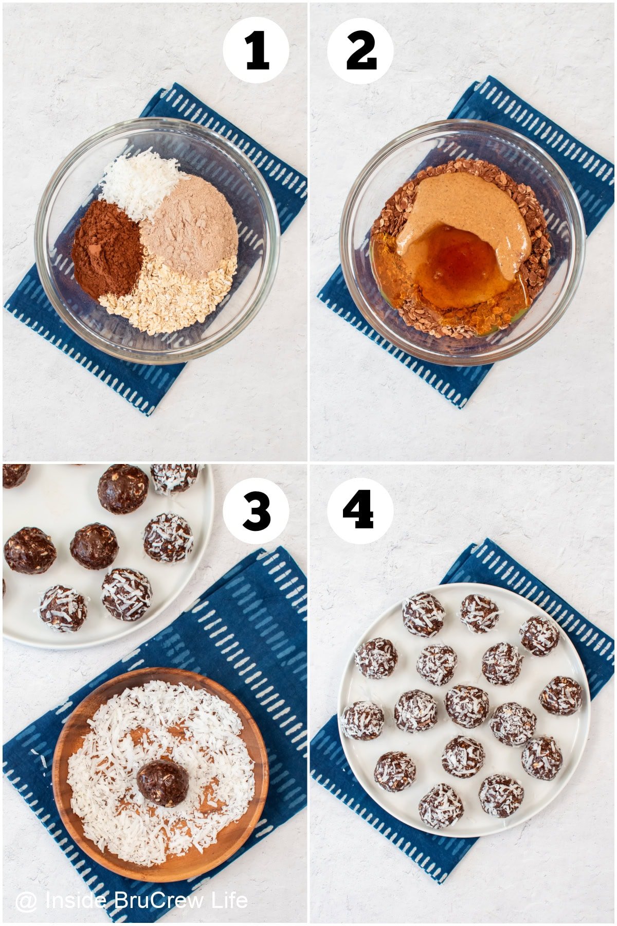 Four pictures collaged together showing how to make energy balls.