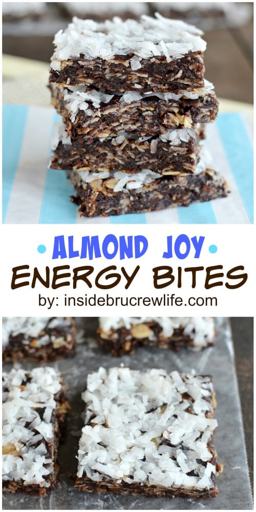 Two pictures of Almond Joy Energy Bites collaged together with a white text box