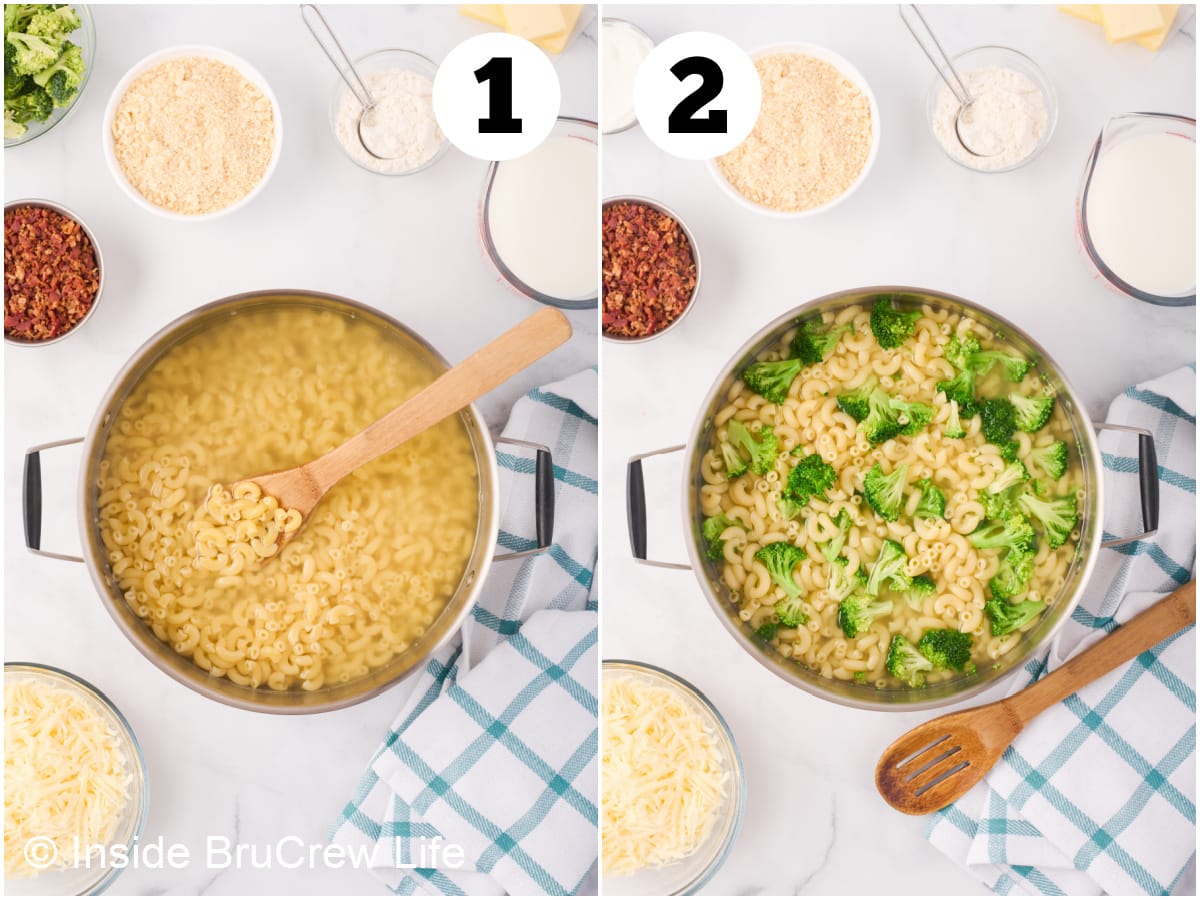 Two pictures collaged together of pasta and broccoli boiling together.