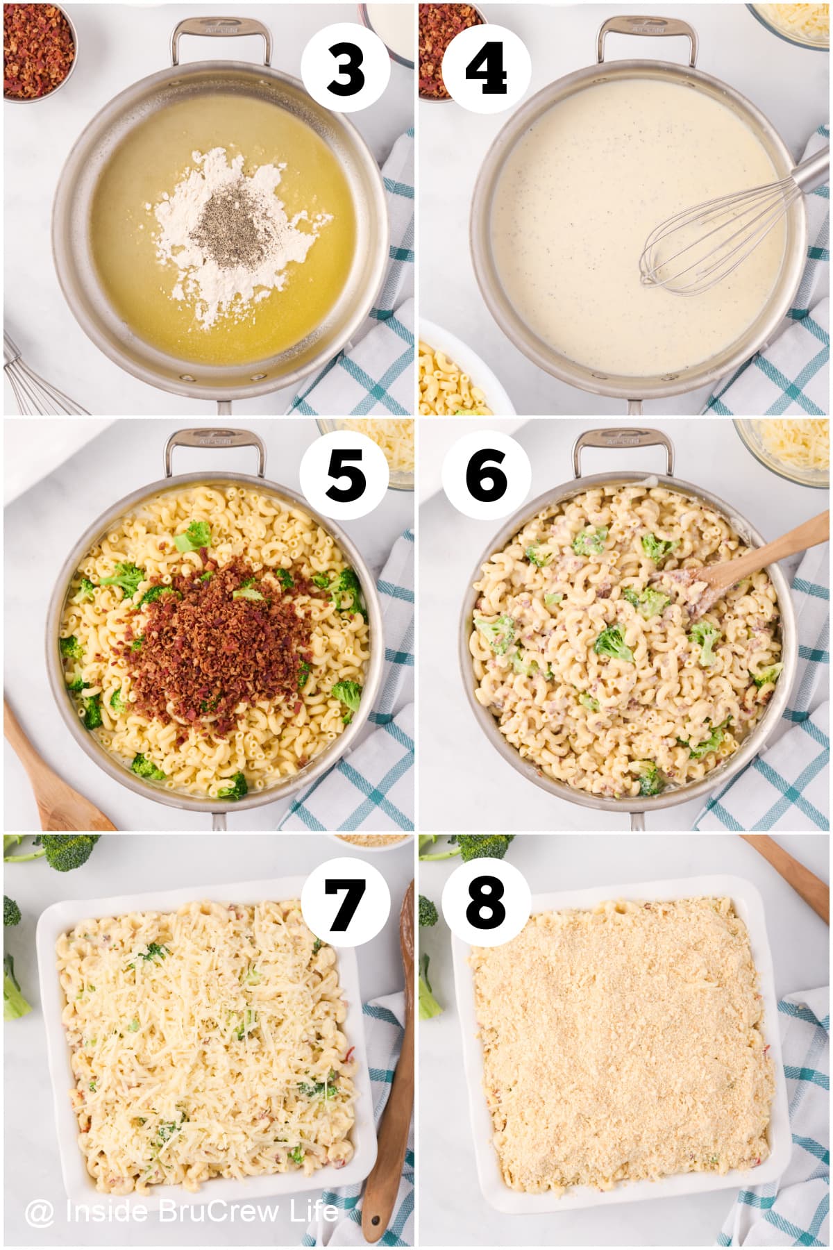 Six pictures collaged together showing the steps for making mac and cheese with broccoli.