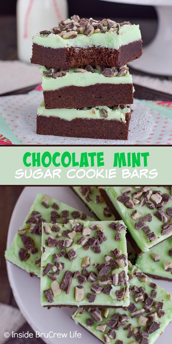 Two pictures of chocolate mint sugar cookie bars collaged together with a mint green text box