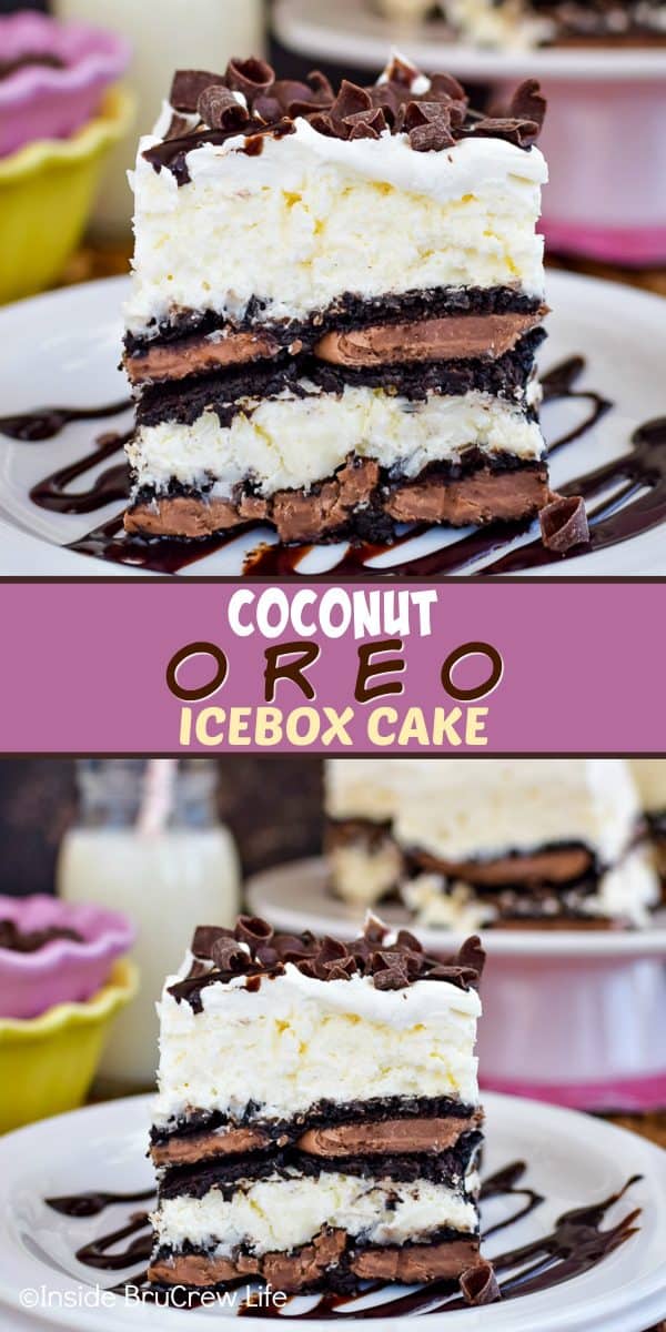 Coconut Oreo Icebox Cake - layers of chocolate Oreos and no bake coconut cheesecake gives this icebox cake a delicious and pretty flair! Try this easy recipe for summer picnics and parties! #iceboxcake #coconut #Oreo #nobake