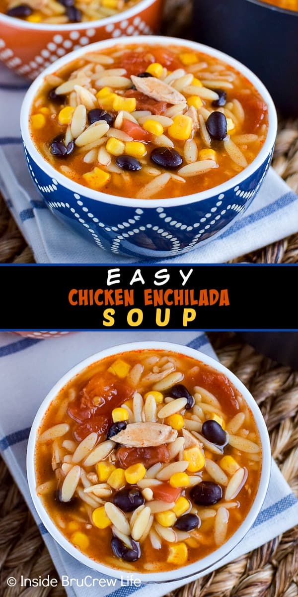 Easy Chicken Enchilada Soup - this easy chicken soup is loaded with meat, veggies, and pasta. It is a great comfort food meal to make on cold nights. #dinner #soup #chickenenchilada #chicken #comfortfood