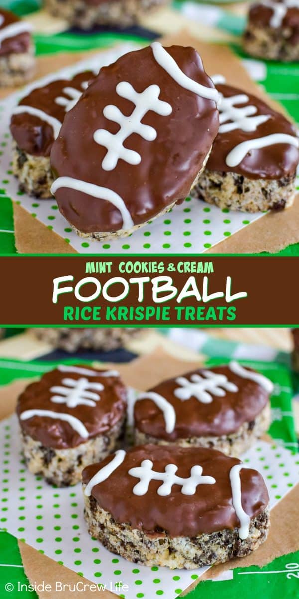 Two pictures of football rice krispie treats collaged together with a brown text box.