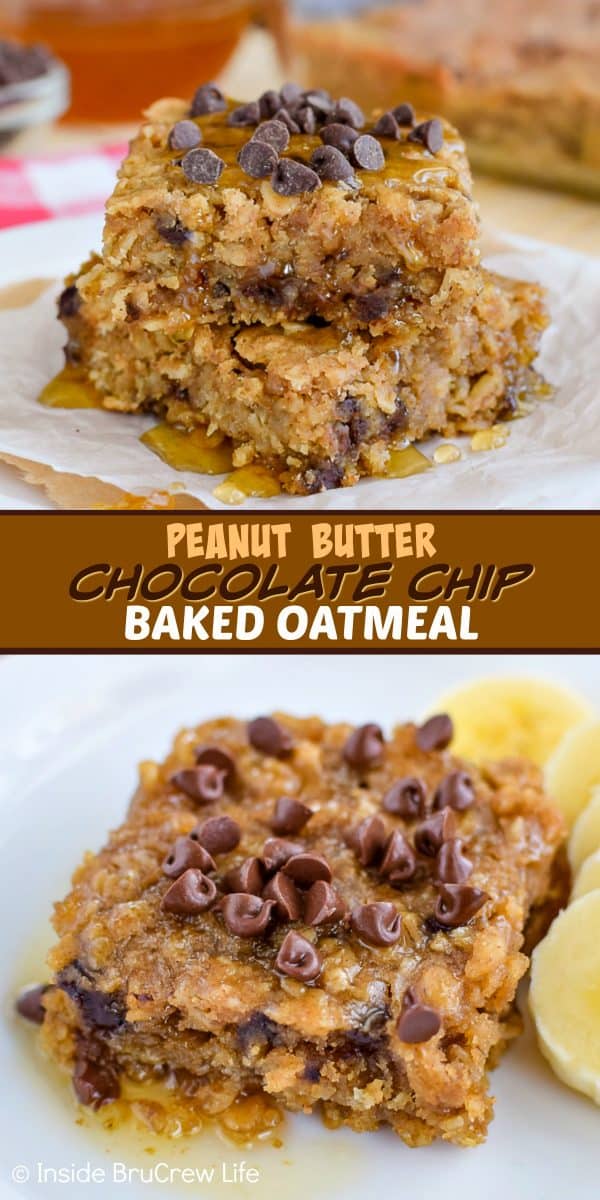 Peanut Butter Chocolate Chip Baked Oatmeal - this easy baked oatmeal is full of peanut butter and chocolate chips. Try a warm square drizzled with honey for an amazing breakfast choice! #bakedoatmeal #peanutbutter #breakfast #casserole #backtoschool #recipe