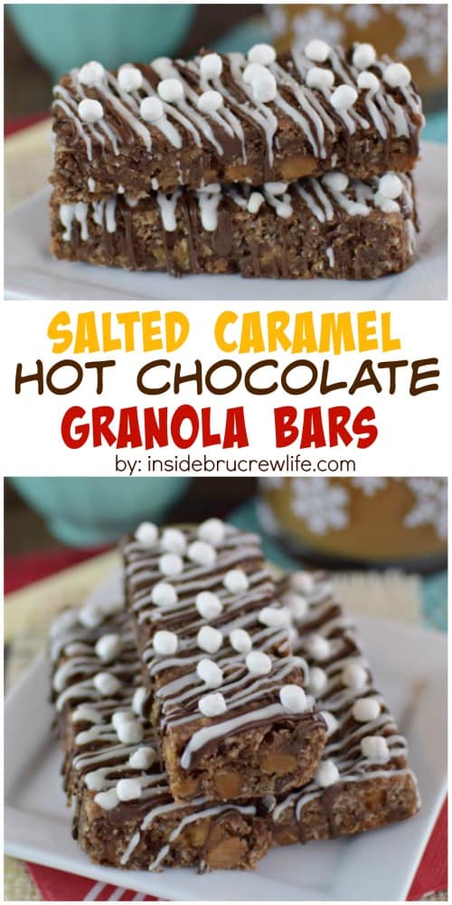 Two pictures of Salted Caramel Hot Chocolate Granola Bars collaged together with a white text box