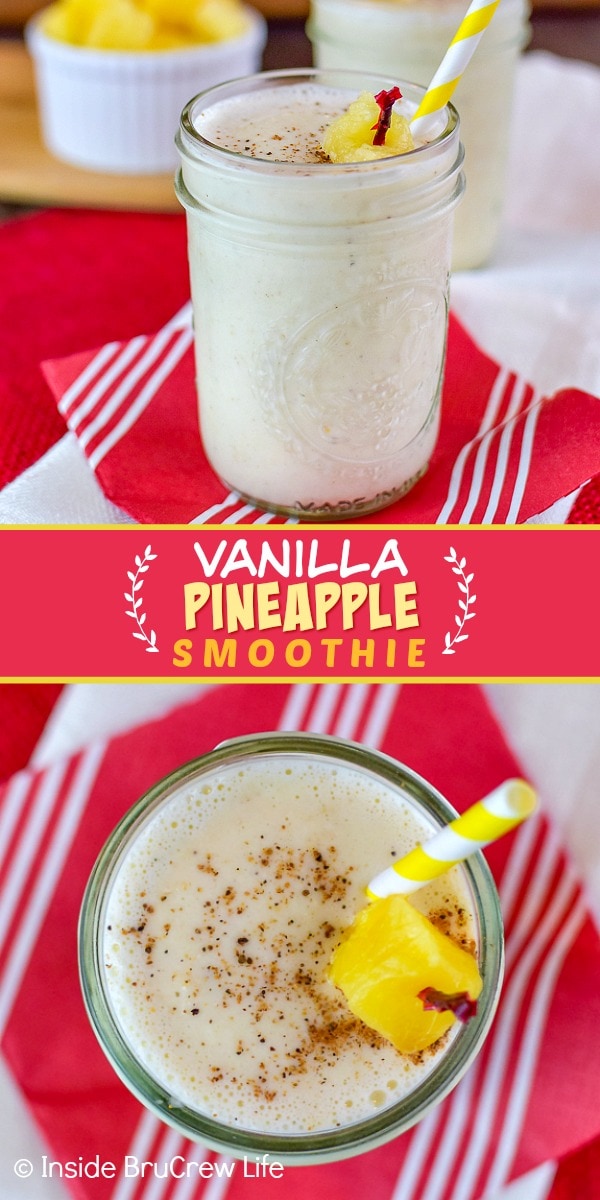 Two pictures of Vanilla Pineapple Smoothie collaged together with a red text box