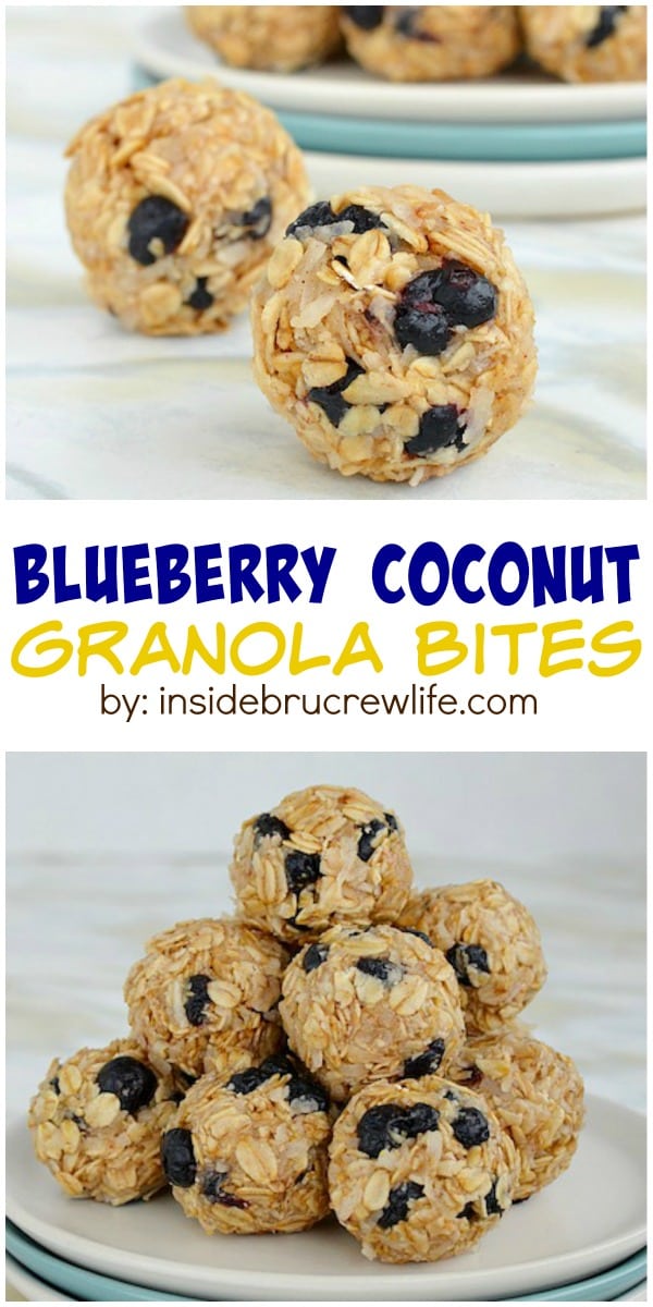 Two pictures of blueberry coconut granola bites collaged together with a white text box