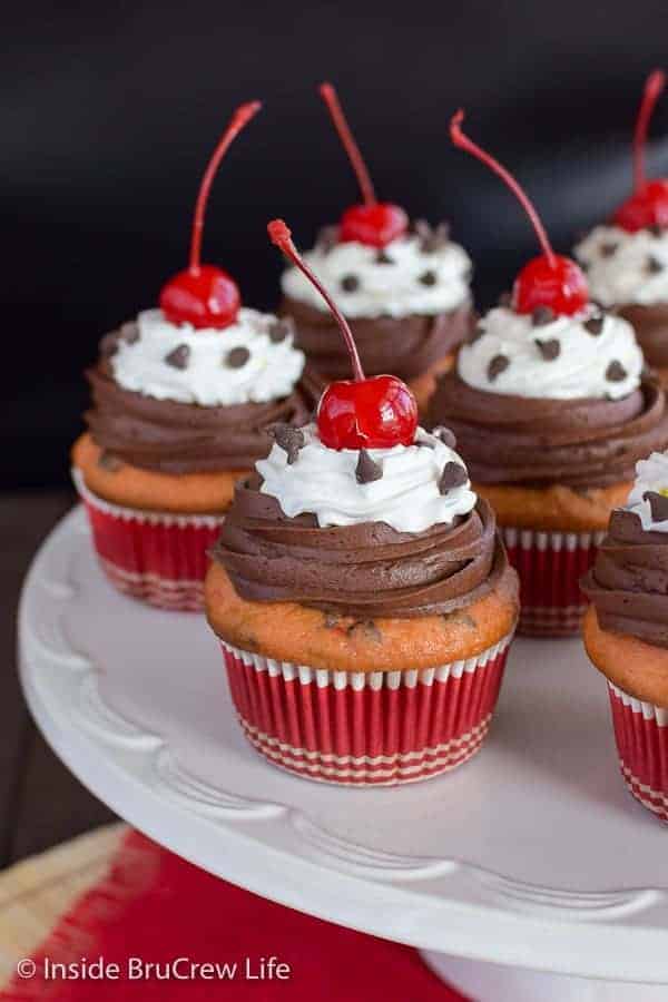 A cake plate full of Chocolate chip cupcakes topped with chocolate frosting, cool whip, and a cherry.