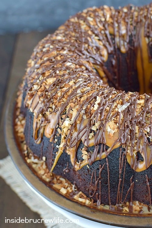 Chocolate Coconut Cake - caramel, chocolate, and coconut turn this cake into a dessert master piece. Awesome dessert recipe!