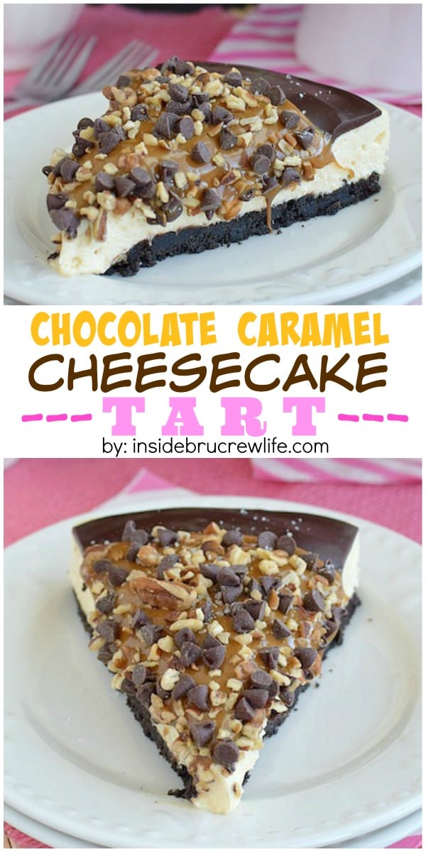 Chocolate Caramel Cheesecake Tart - layers of caramel cheesecake, chocolate, pecans, and caramel make this a must make treat! Try this easy recipe the next time you need an impressive dessert!