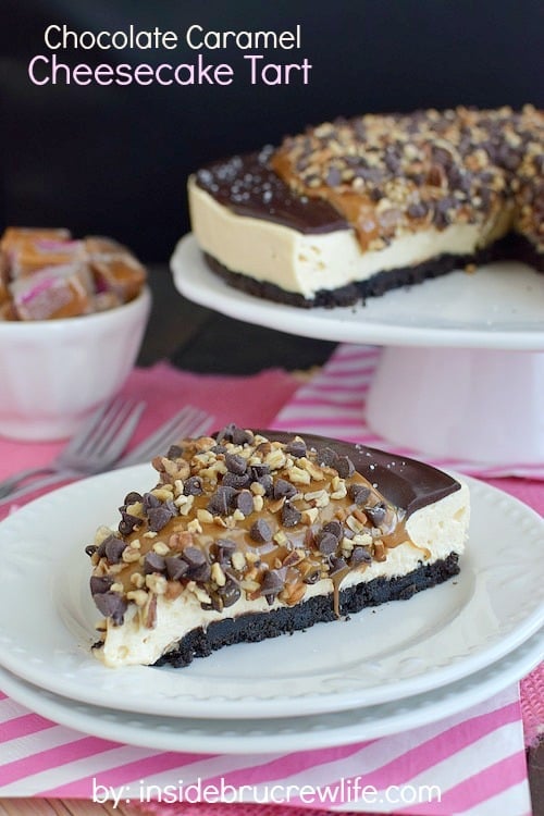 Chocolate Caramel Cheesecake Tart - a layer of chocolate and gooey caramel makes this easy cheesecake tart a delicious dessert. Try this recipe for your next party!