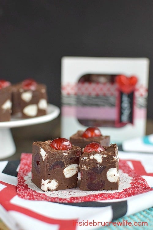 This easy chocolate fudge has cherries and marshmallows in every bite. It's creamy and delicious!!!