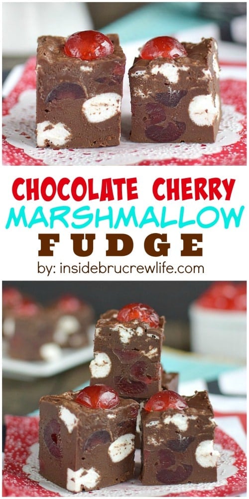 This easy chocolate fudge has cherries and marshmallows in every bite. It's creamy and delicious!!!